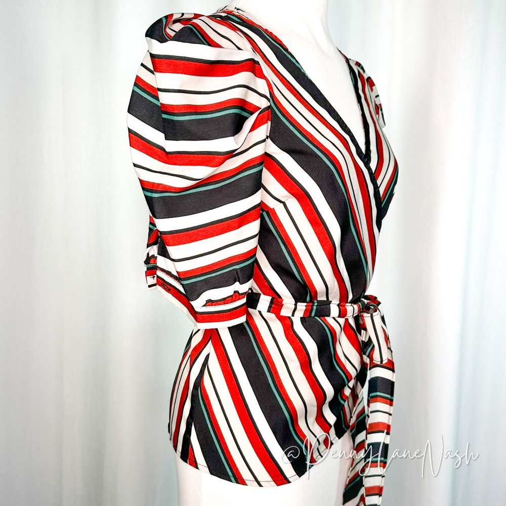 A Calin by Flying Tomato Puff Sleeve Striped Wrap Top - Picture 7 of 12
